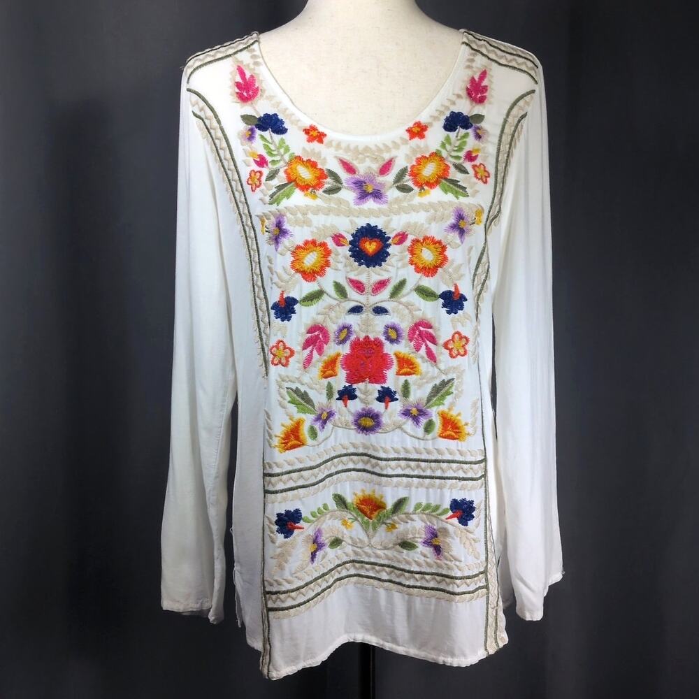 Johnny Was Floral Embroidered Long Sleeve Top White Multicolor Joy Love Light